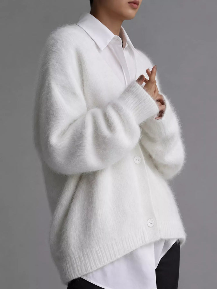 Fuzzy V-Neck Button-Down Cardigan
