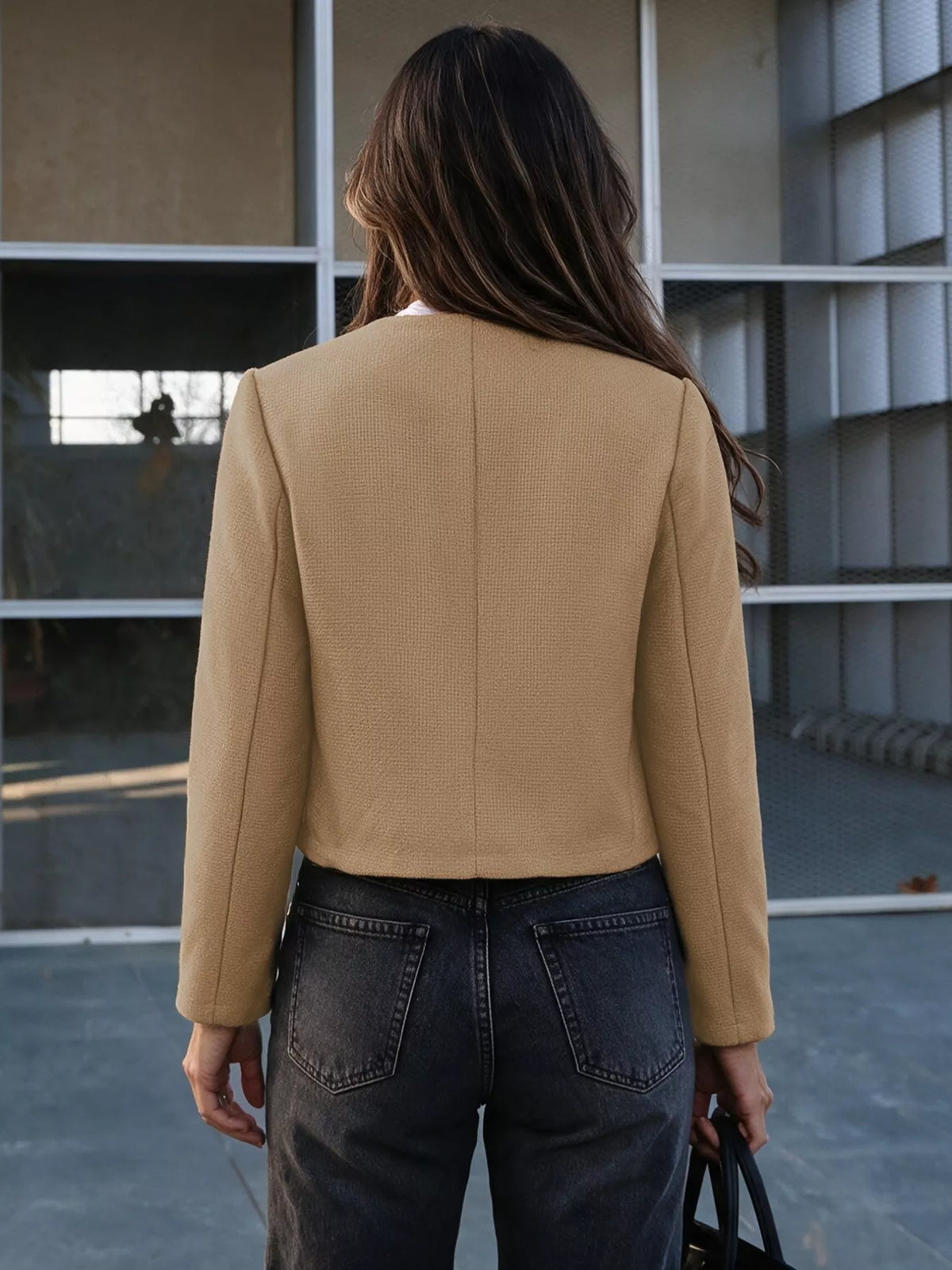 Textured Cropped Jacket with Gold-Tone Button