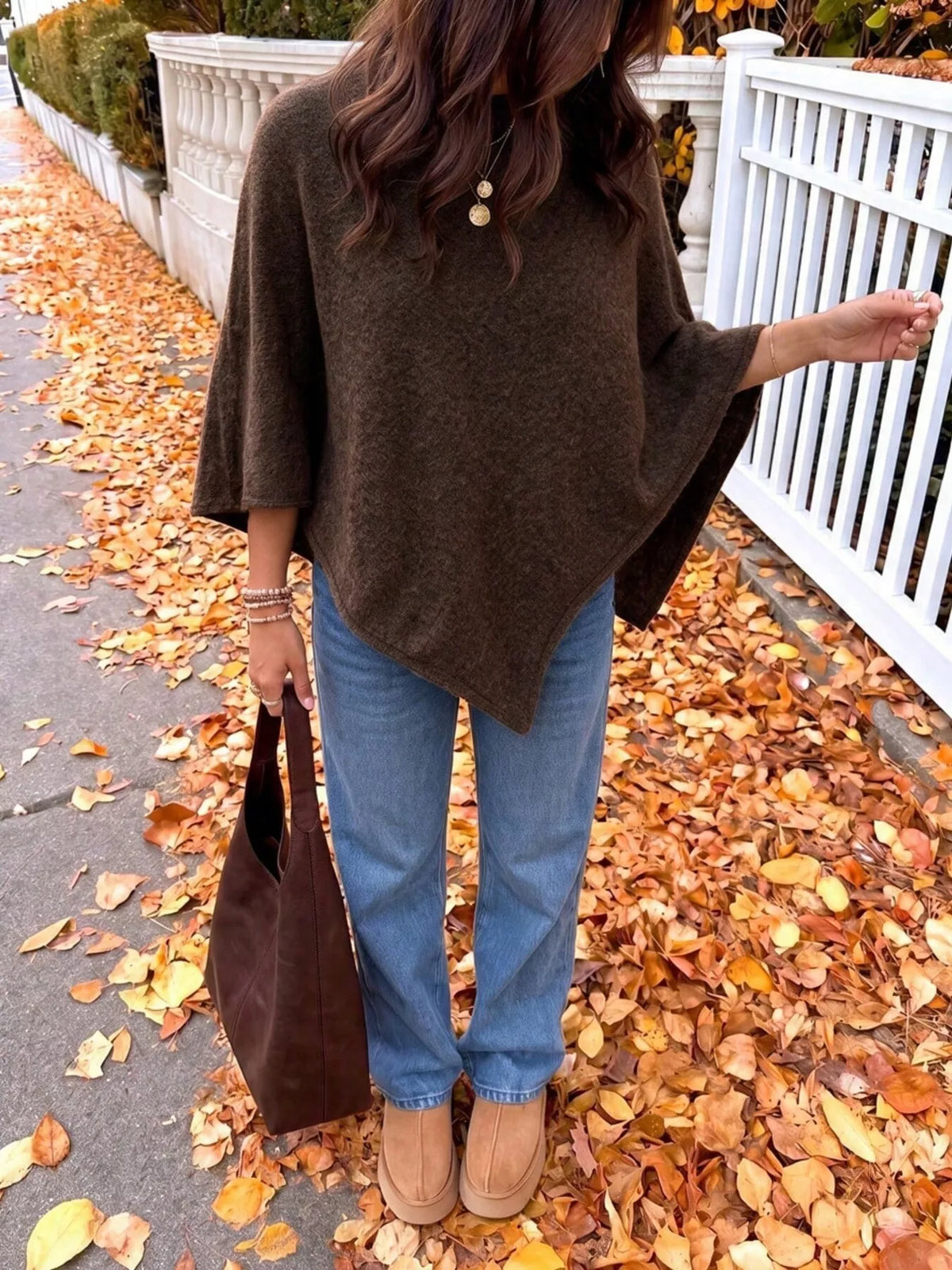 Brushed Loose Shawl Round-Neck Cape Sweater with Bat Sleeves
