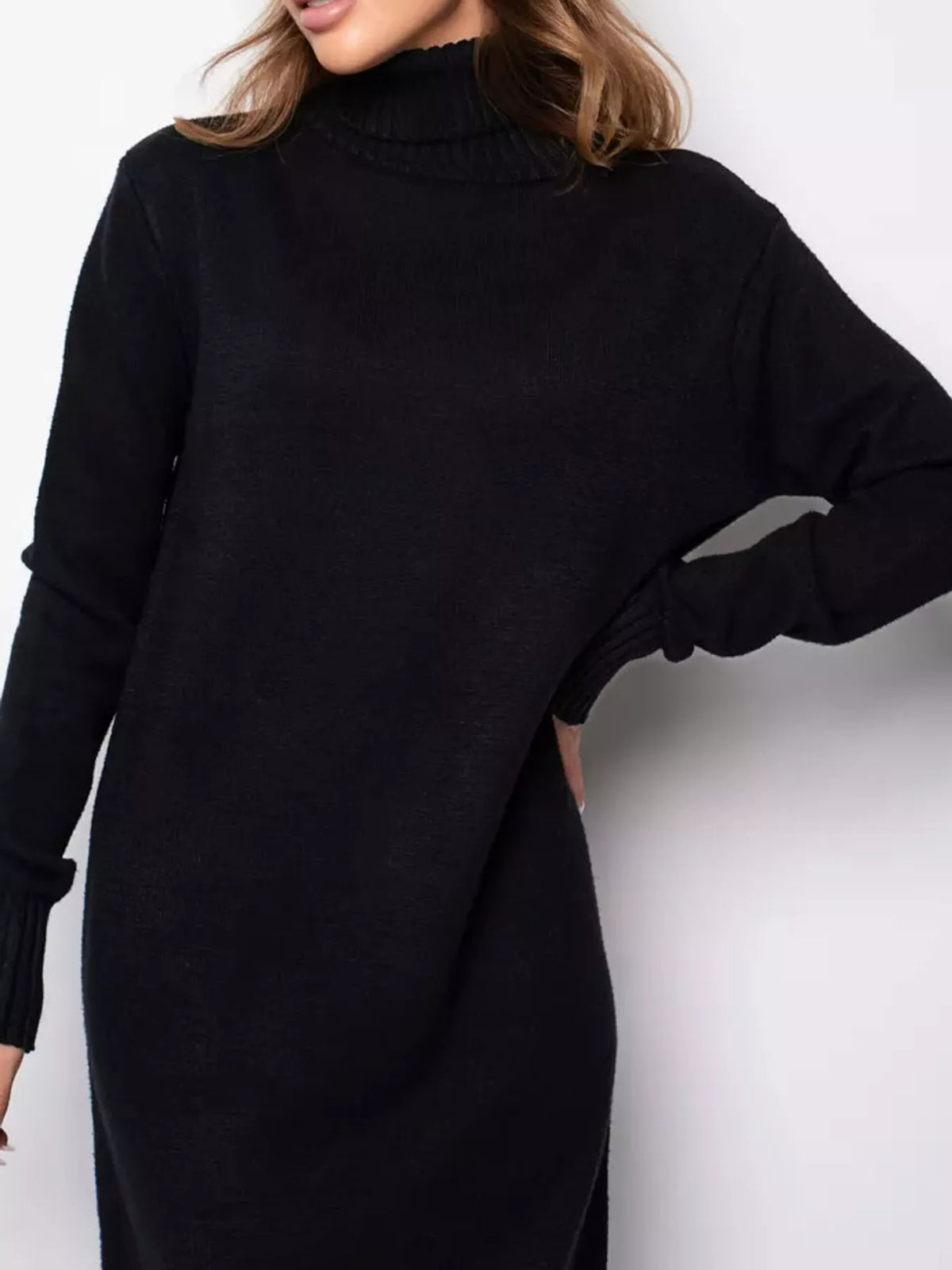 Turtleneck Ribbed Knit Sweater Dress