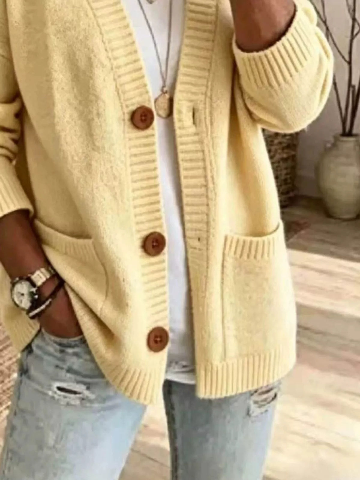 Casual V-Neck Button-Down Knit Cardigan with Pockets