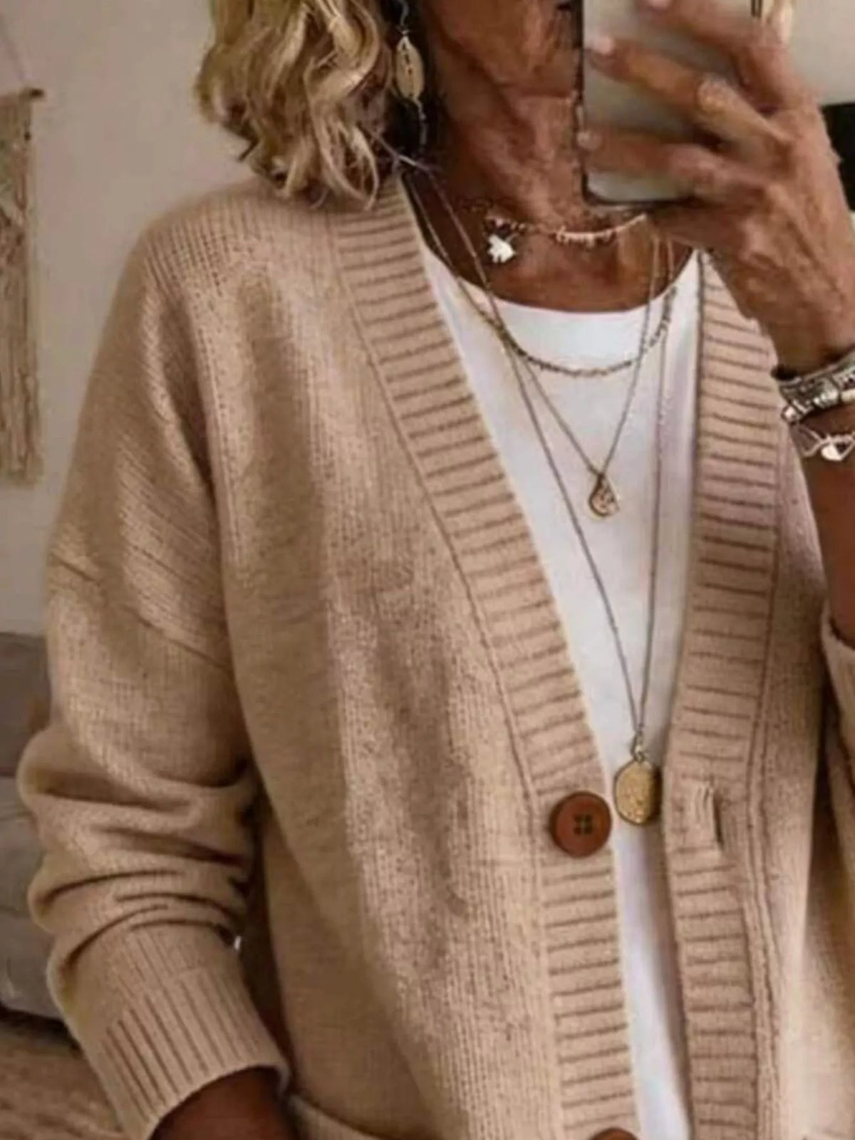 Casual V-Neck Button-Down Knit Cardigan with Pockets