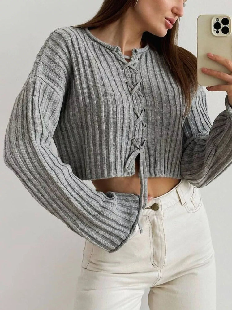 Ribbed Lace-Up Crop Sweater