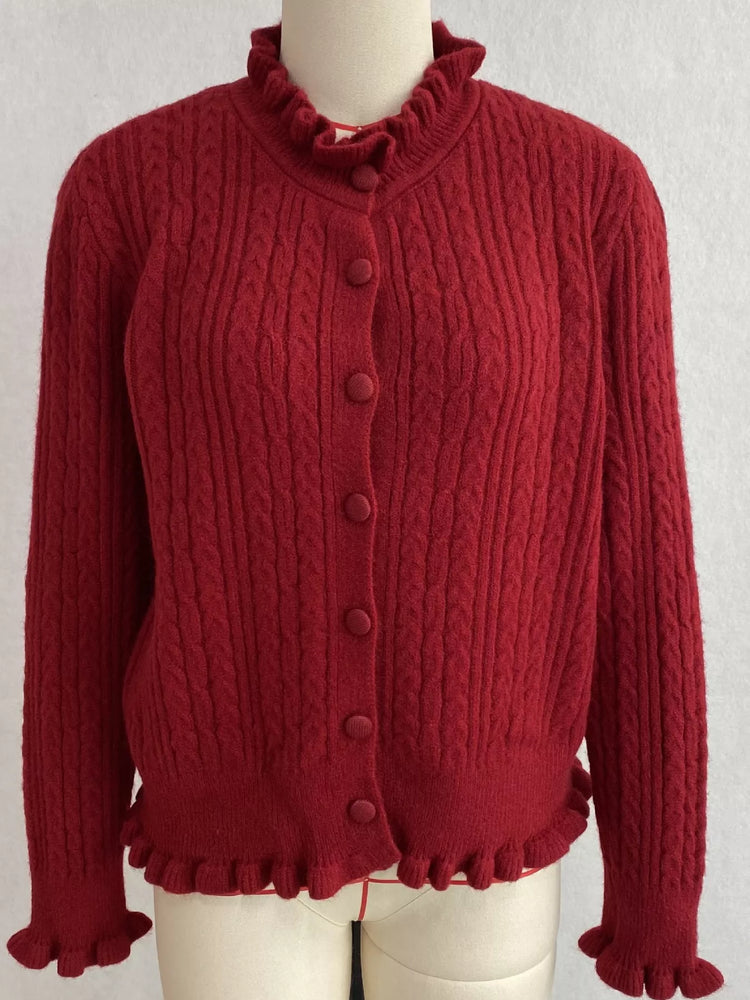 Cable-Knit Ruffle-Trim Cardigan