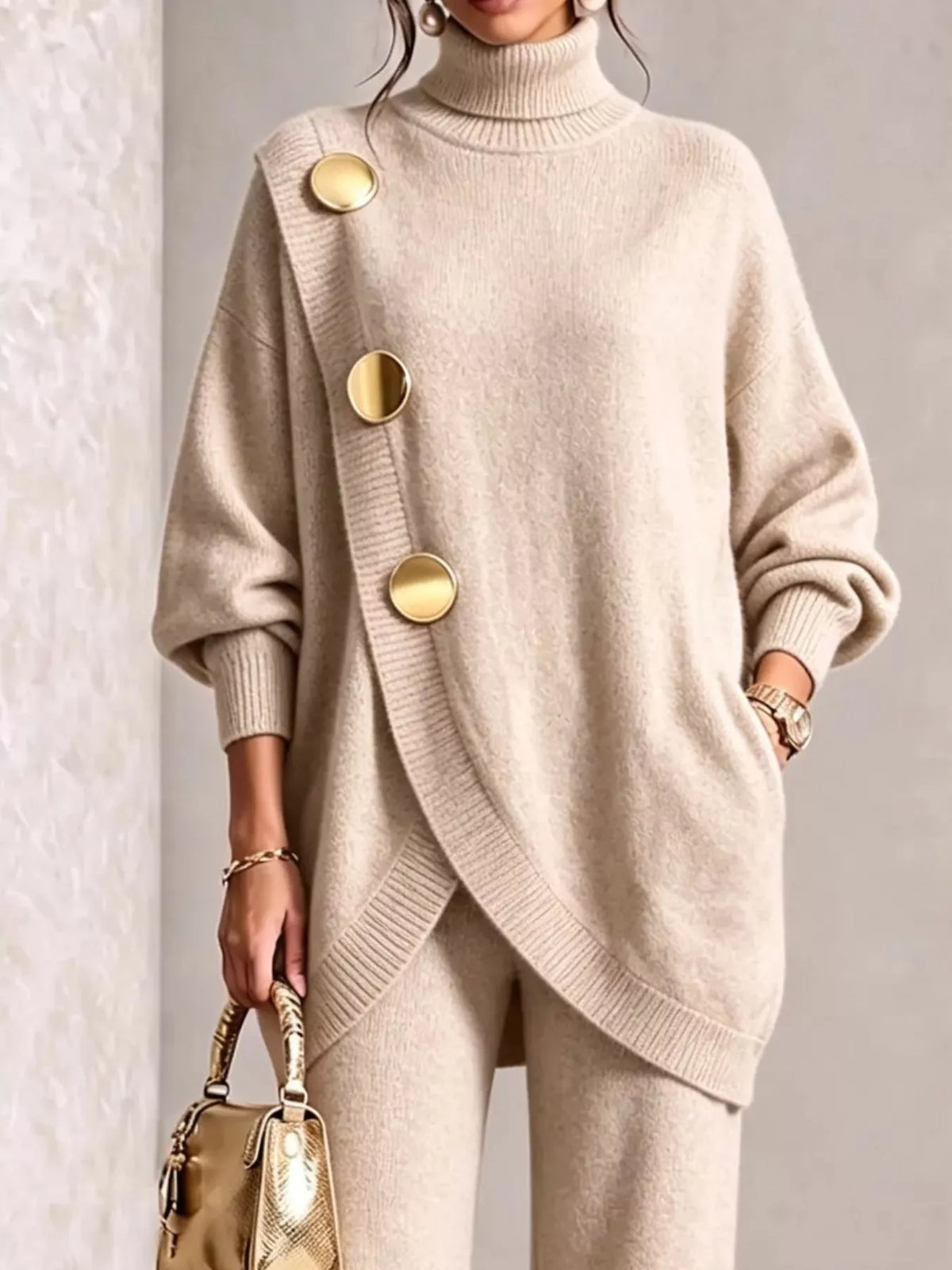 Gold Button Accent Turtleneck Sweater and Pants Set