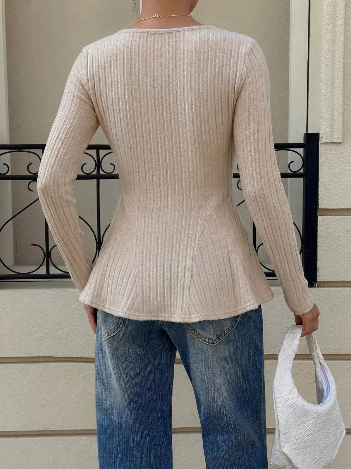 Square Neck Ribbed Peplum Knit Top