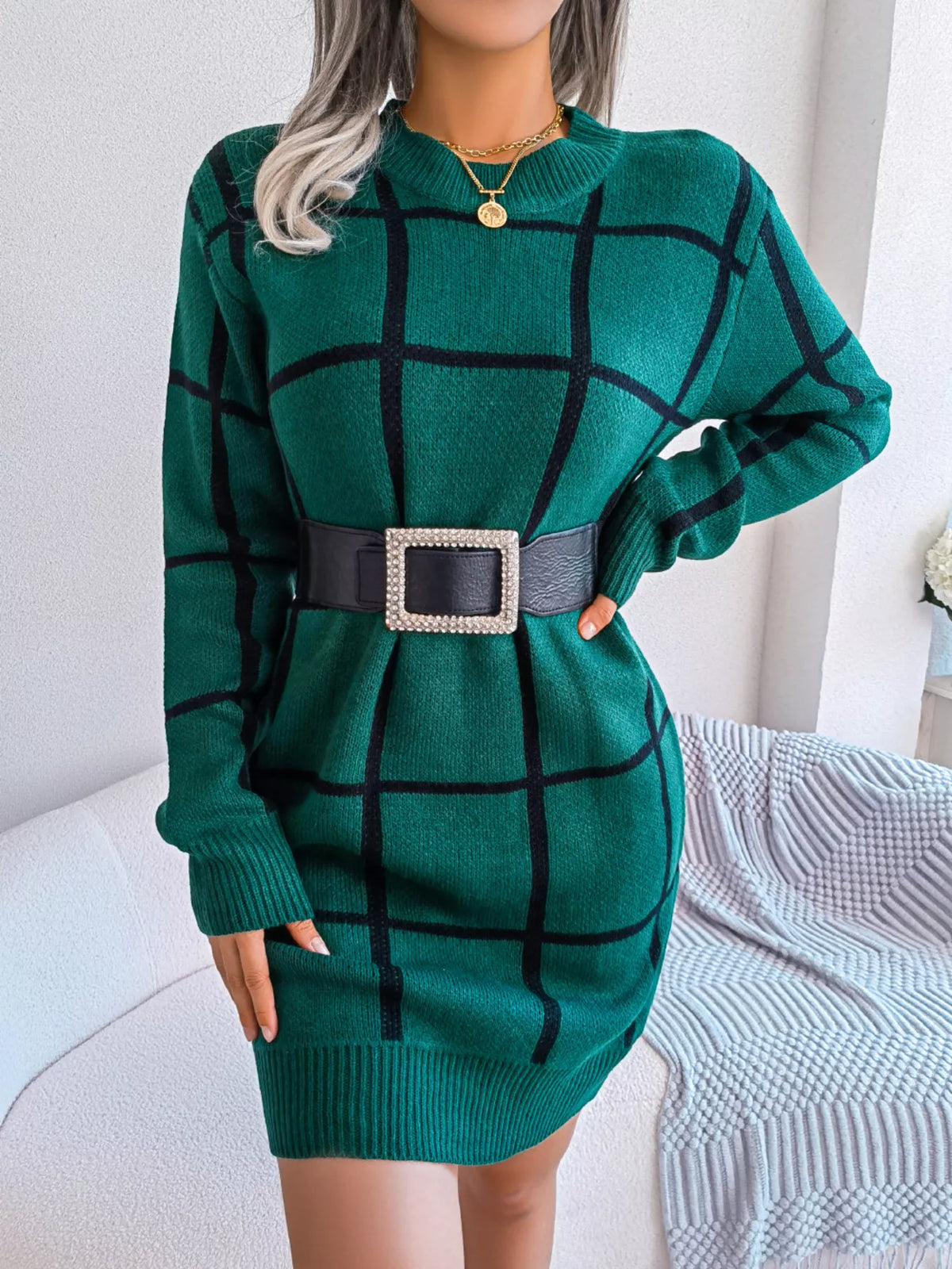 Plaid Pattern Long Sleeve Sweater Dress