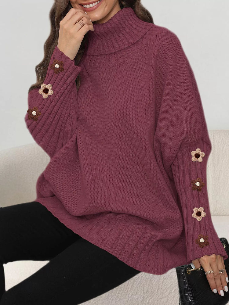 Oversized Turtleneck Sweater with Floral Applique Sleeves