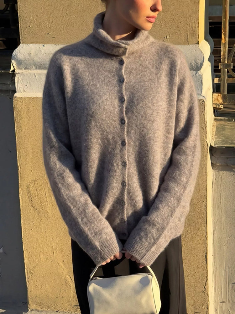 Mock Neck Button-Down Fuzzy Knit Cardigan
