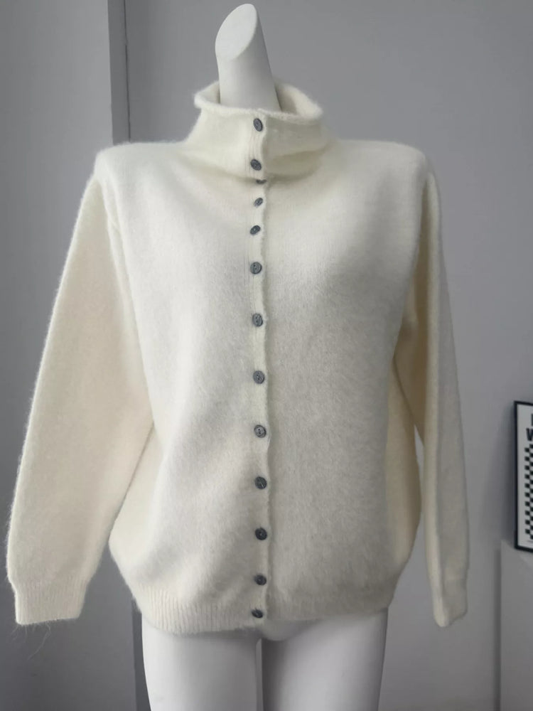 Mock Neck Button-Down Fuzzy Knit Cardigan