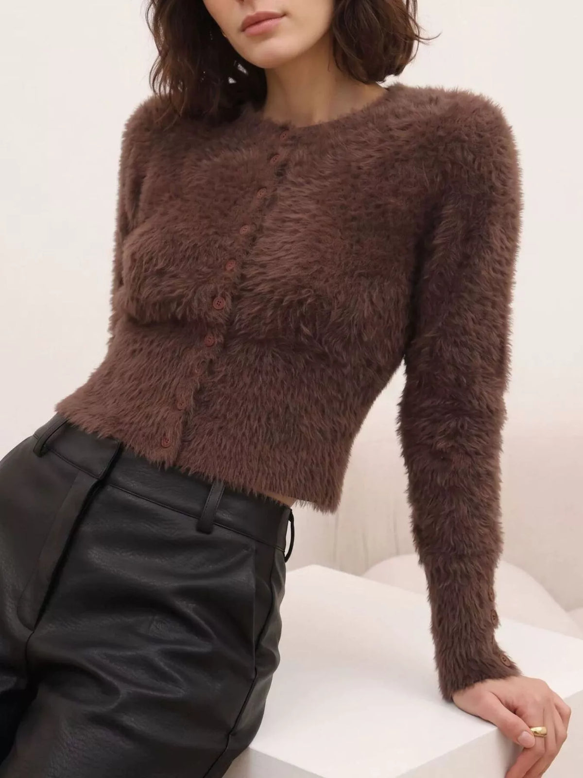 Soft Fuzzy Button-Down Cropped Cardigan