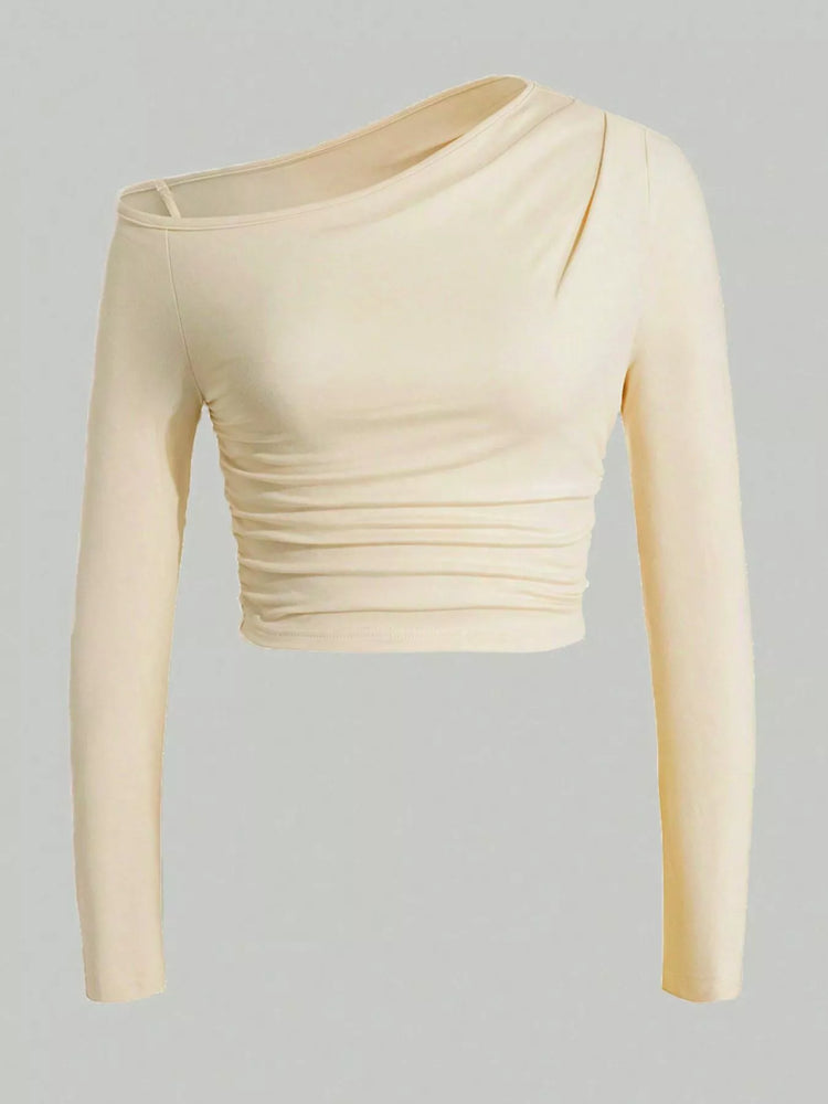One-Shoulder Ruched Long Sleeve Crop T-Shirt