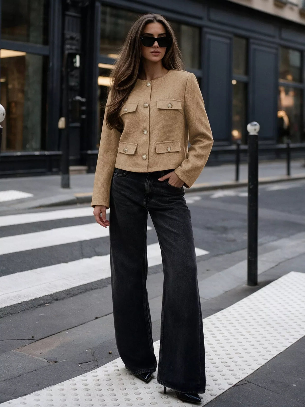 Textured Cropped Jacket with Gold-Tone Button
