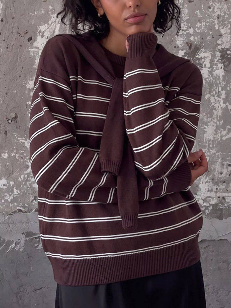 Classic Striped Crewneck Knit Top with Layered Sweater Detail
