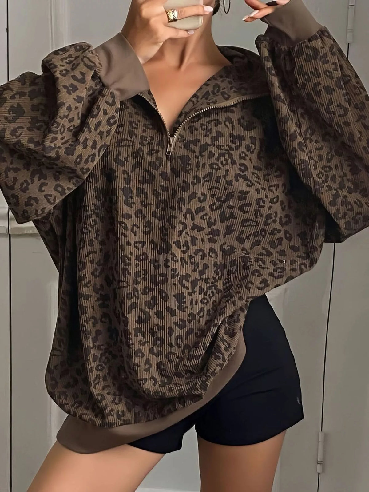 Leopard Print Quarter-Zip Sweatshirt