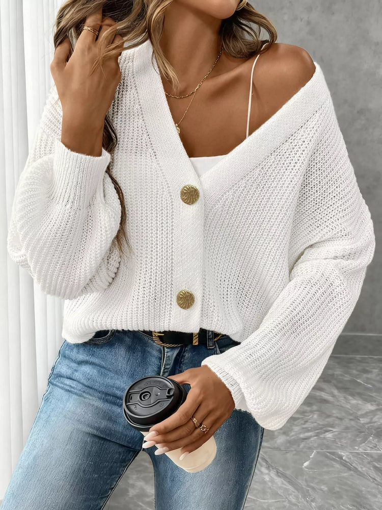 Elegant V-Neck Button-Down Ribbed Knit Cardigan