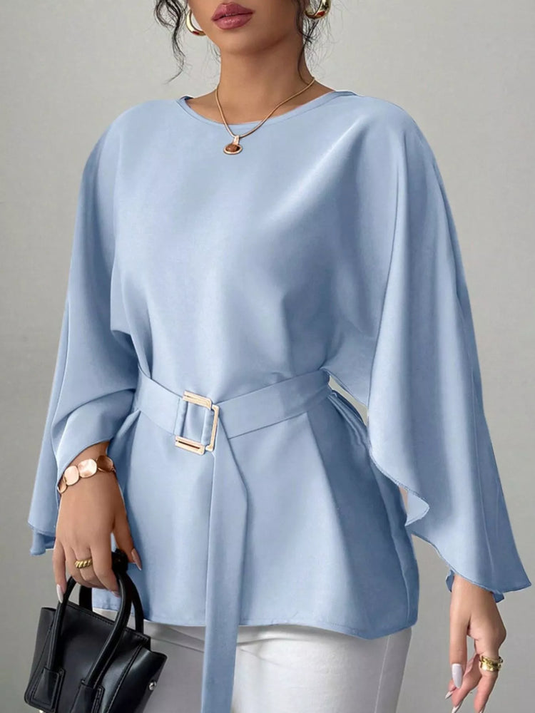 Round Neck Belt Batwing Sleeve Blouse