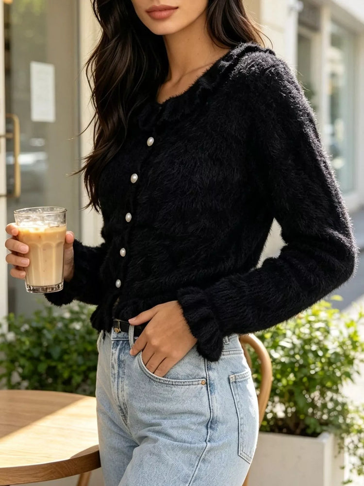 Soft Fuzzy Cardigan with Ruffled Collar and Pearl Buttons