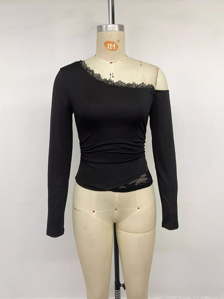 One-Shoulder Lace Trim Slim Fit T-Shirt