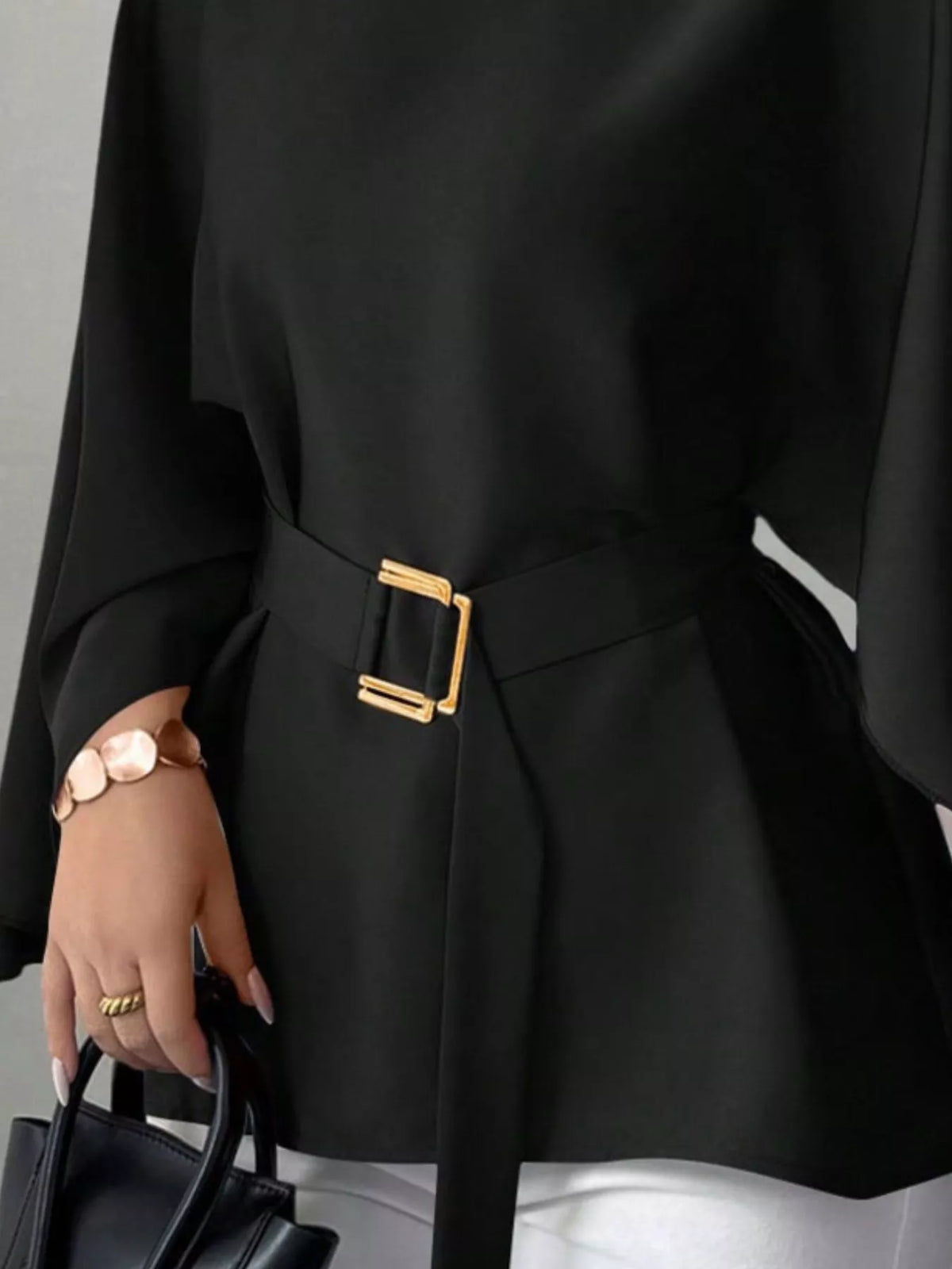 Round Neck Belt Batwing Sleeve Blouse