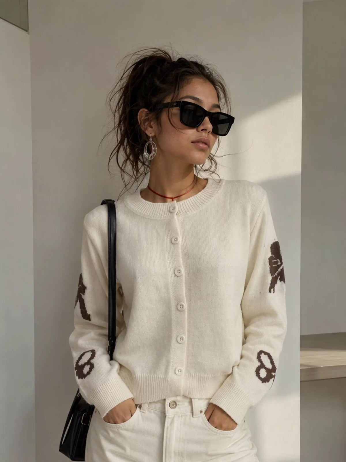Floral Crew Neck Cropped Knit Cardigan