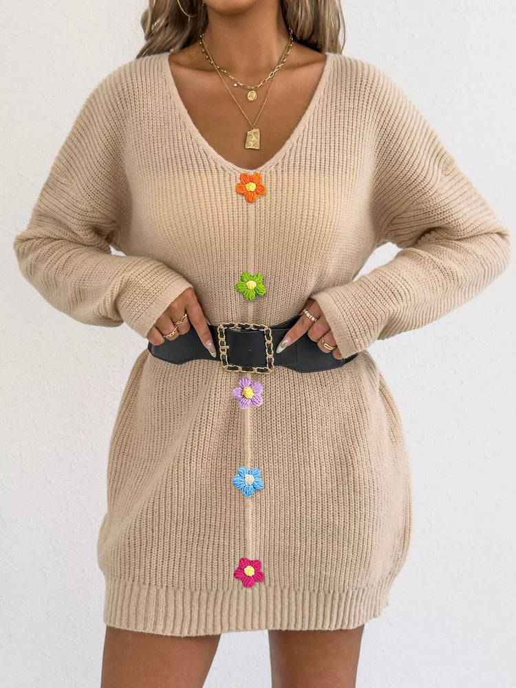 V-Neck Ribbed Sweater Dress with Floral Appliques