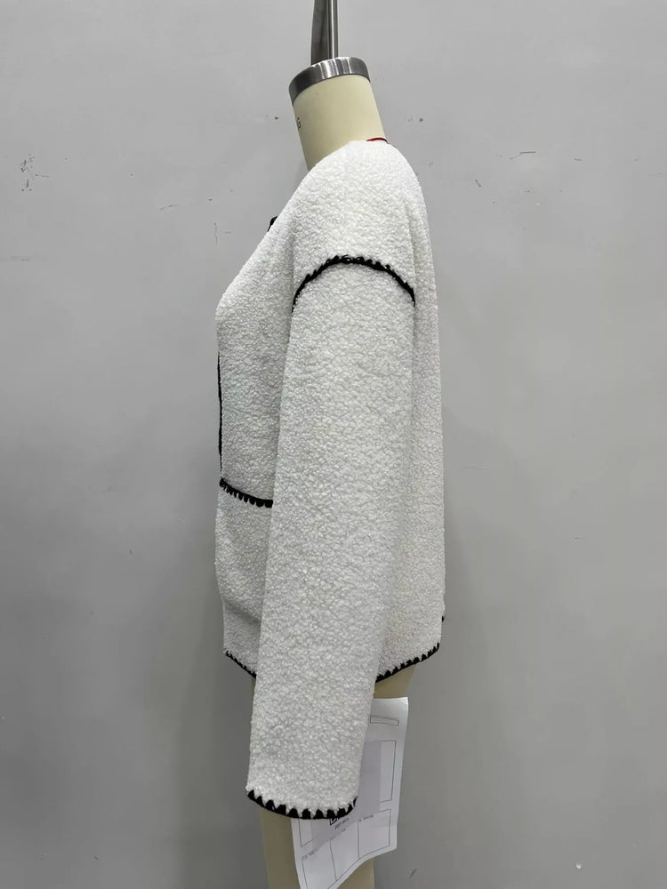 Faux Shearling Contrast Trim Button-Down Outerwear