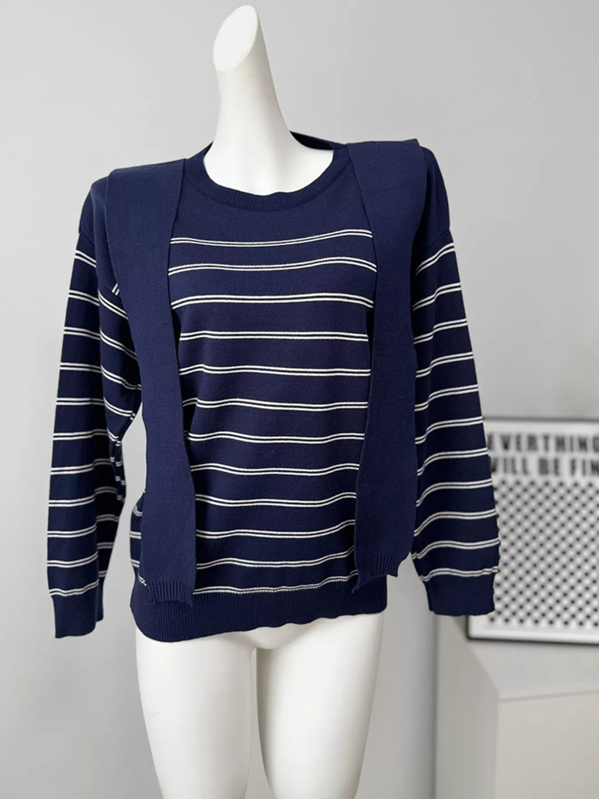 Classic Striped Crewneck Knit Top with Layered Sweater Detail
