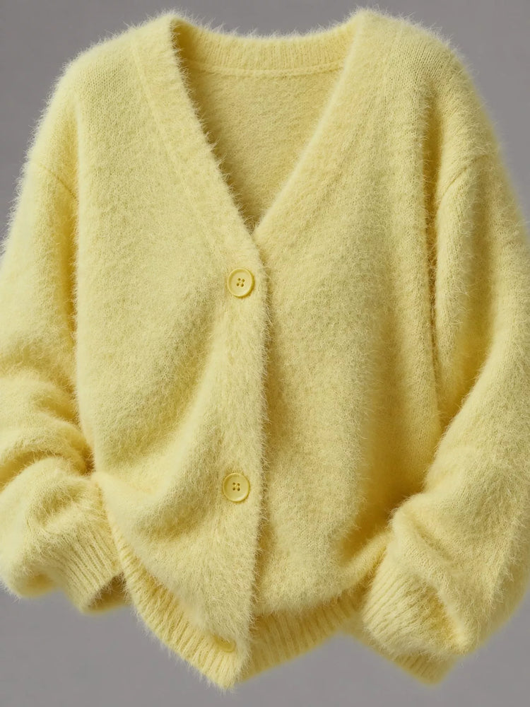 Fuzzy V-Neck Button-Down Cardigan