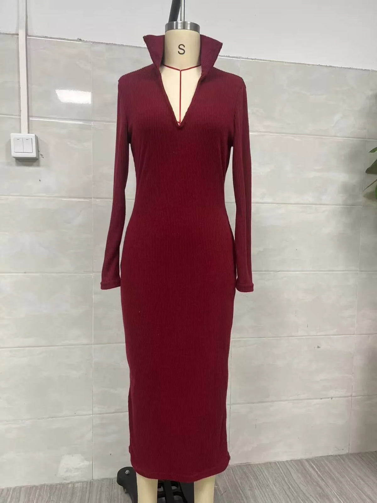 Ribbed Knit V-Neck Sweater Dress
