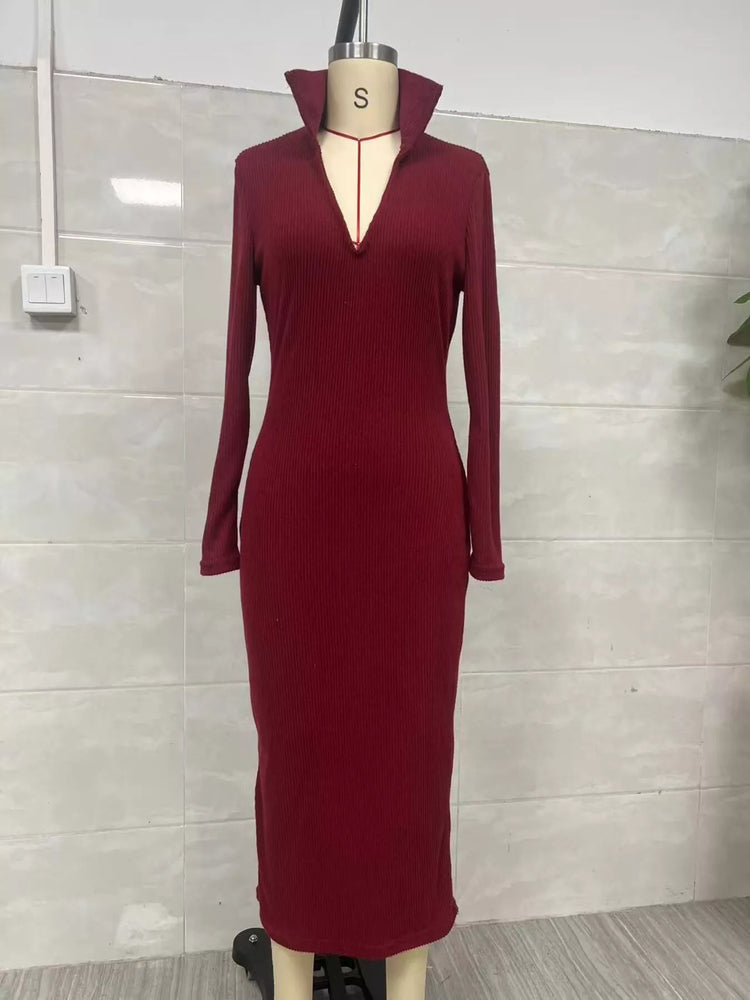 Ribbed Knit V-Neck Sweater Dress