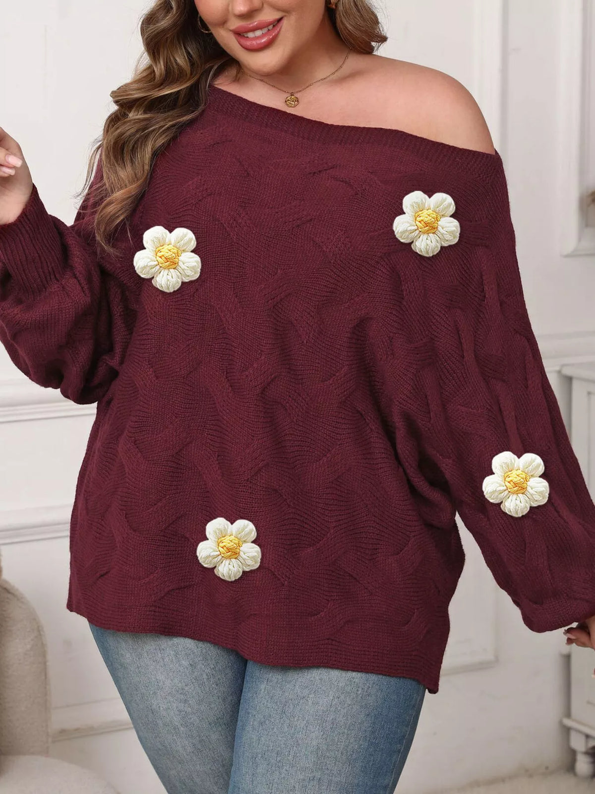 Plus Size One-Shoulder Floral Applique Sweater