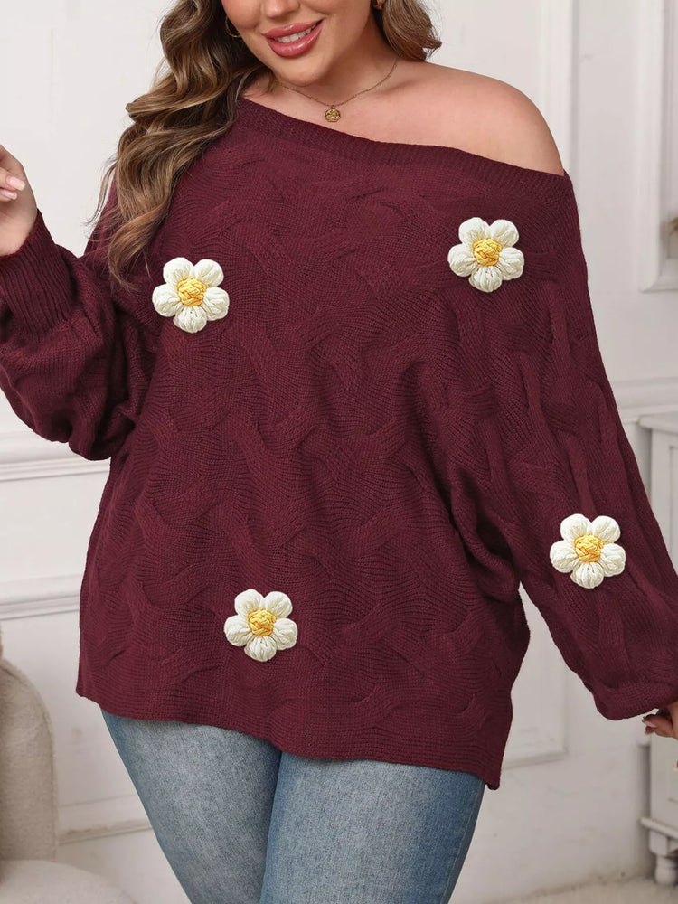 Plus Size One-Shoulder Floral Applique Sweater