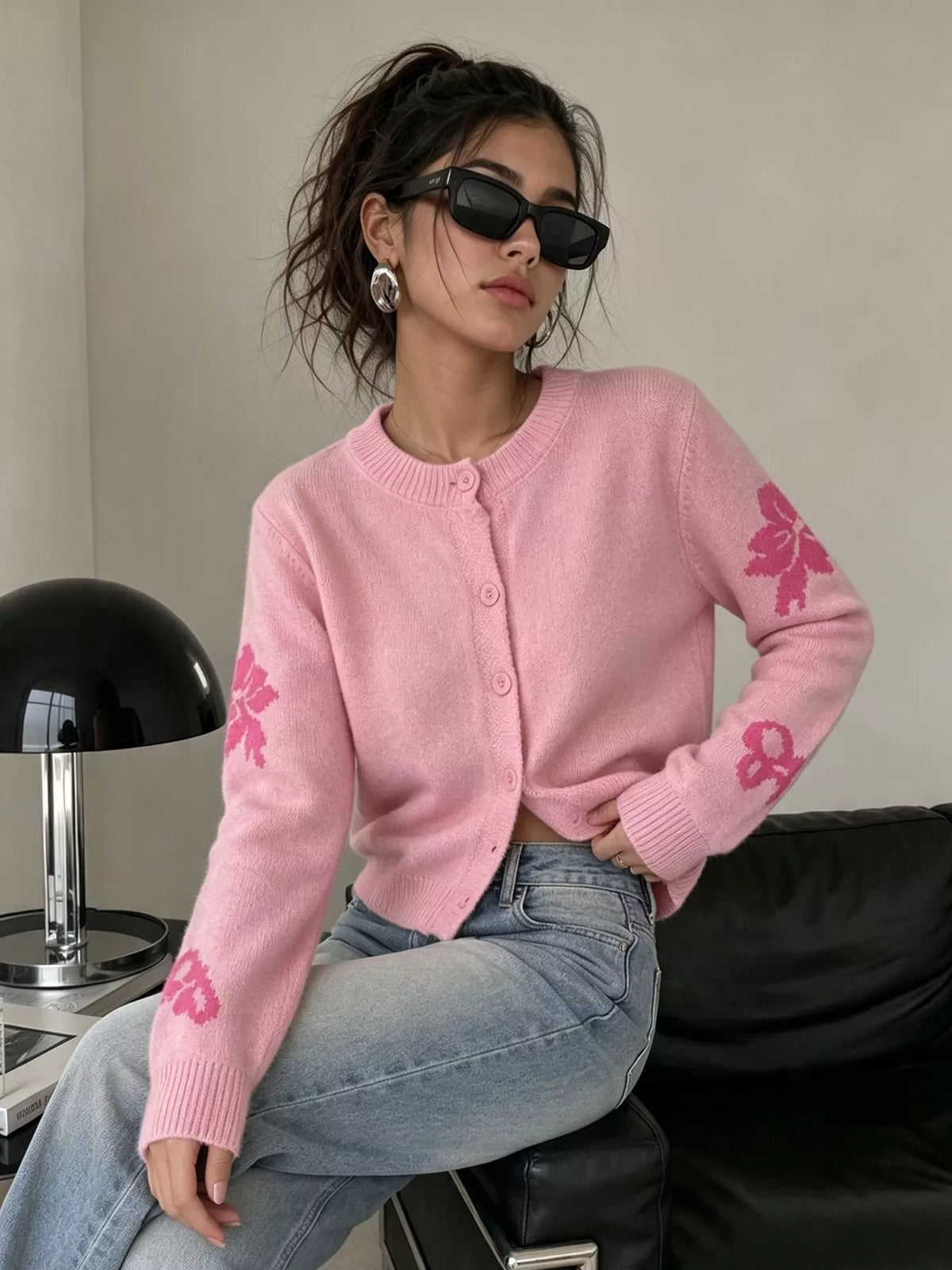 Floral Crew Neck Cropped Knit Cardigan
