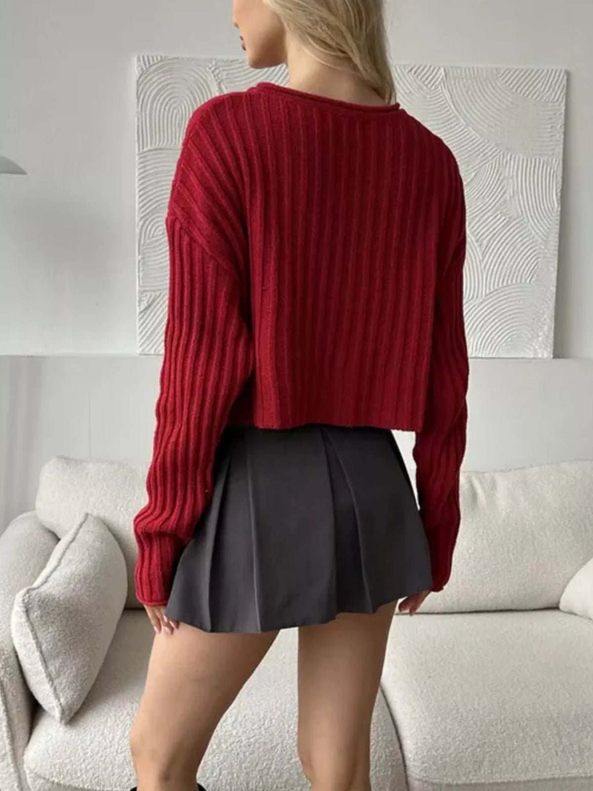 Ribbed Lace-Up Crop Sweater