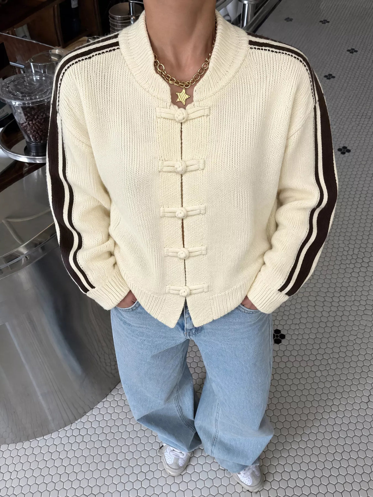 Chinese Knot Button Cardigan with Contrast Side Stripes