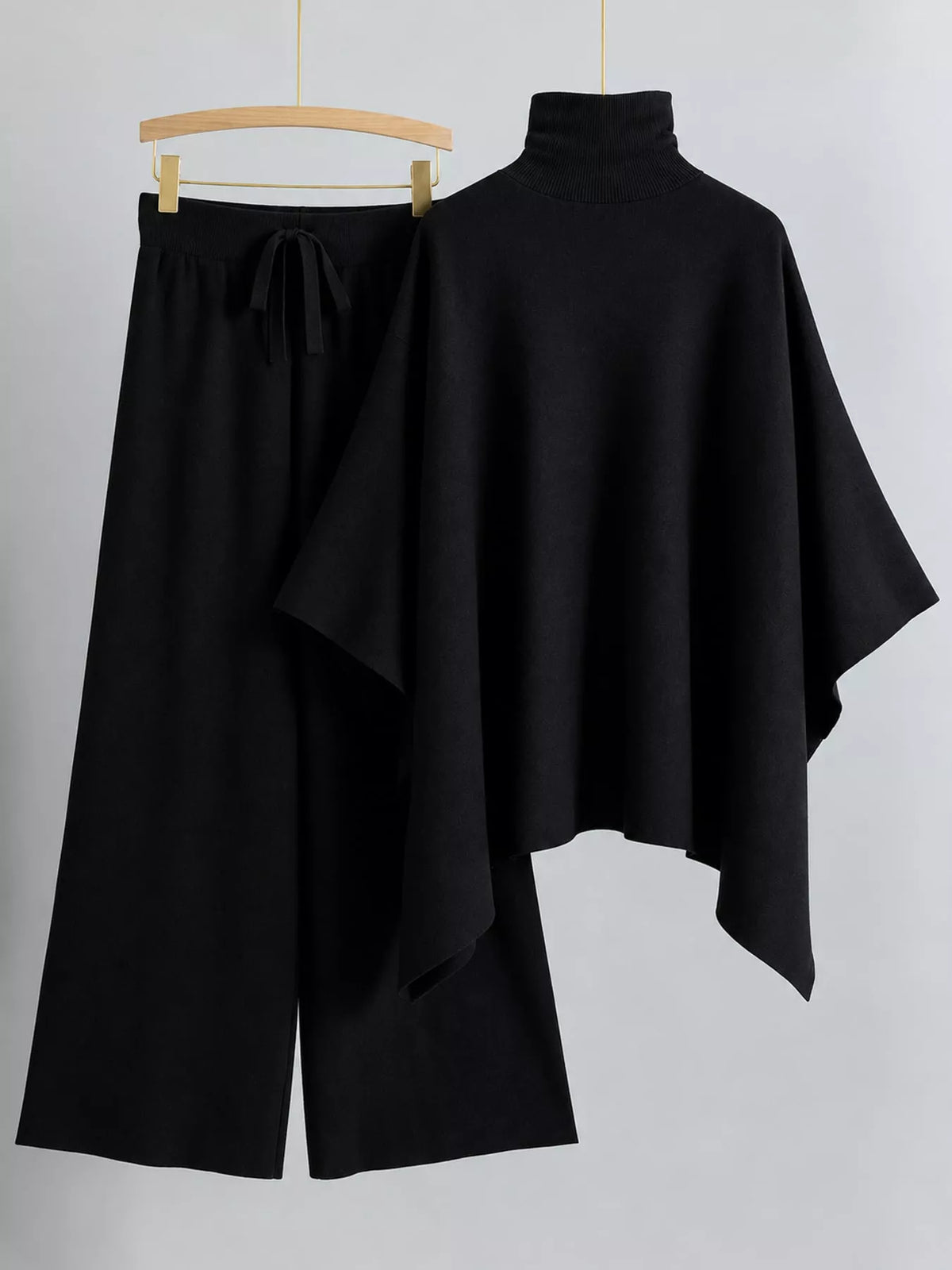 Elegant Turtleneck Poncho Sweater and Wide-Leg Knit Pants Set