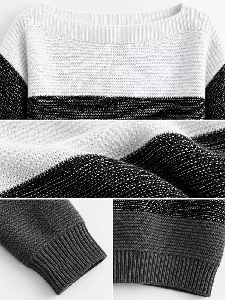 Full Size Color-Block Boat Neck Sweater Plus Size