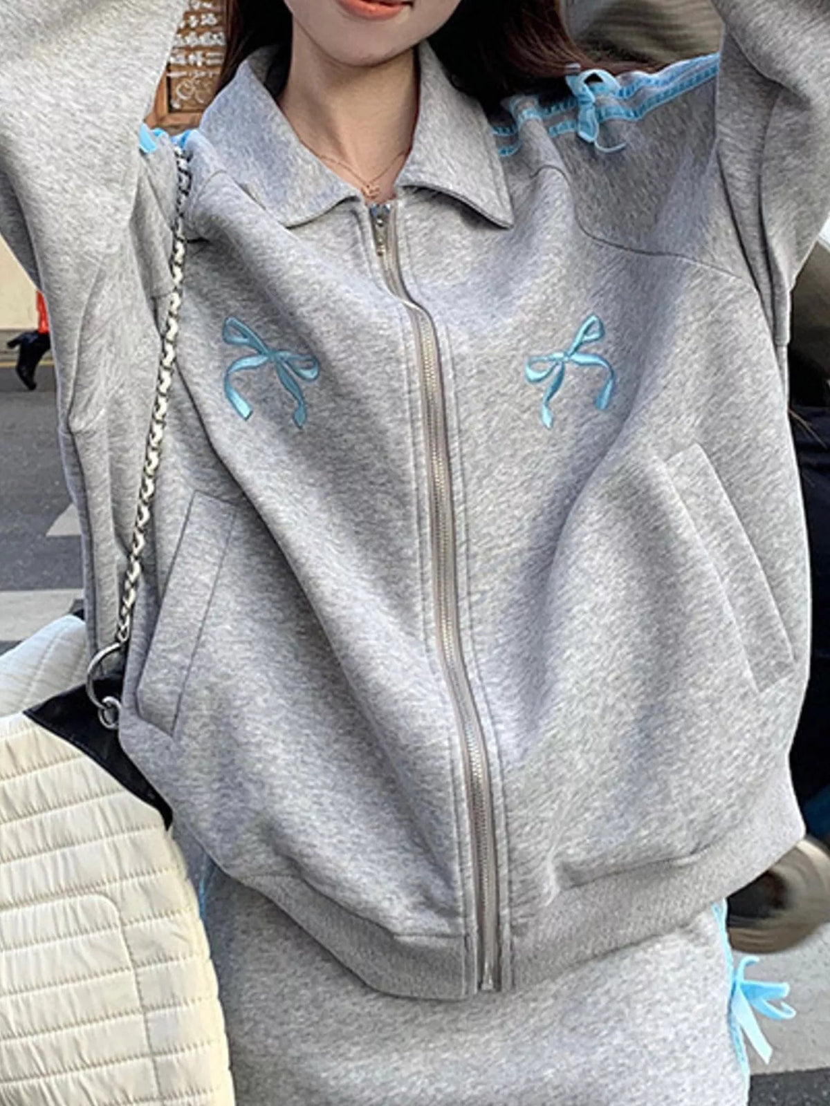 Bow Embroidered Zip-Up Sweatshirt