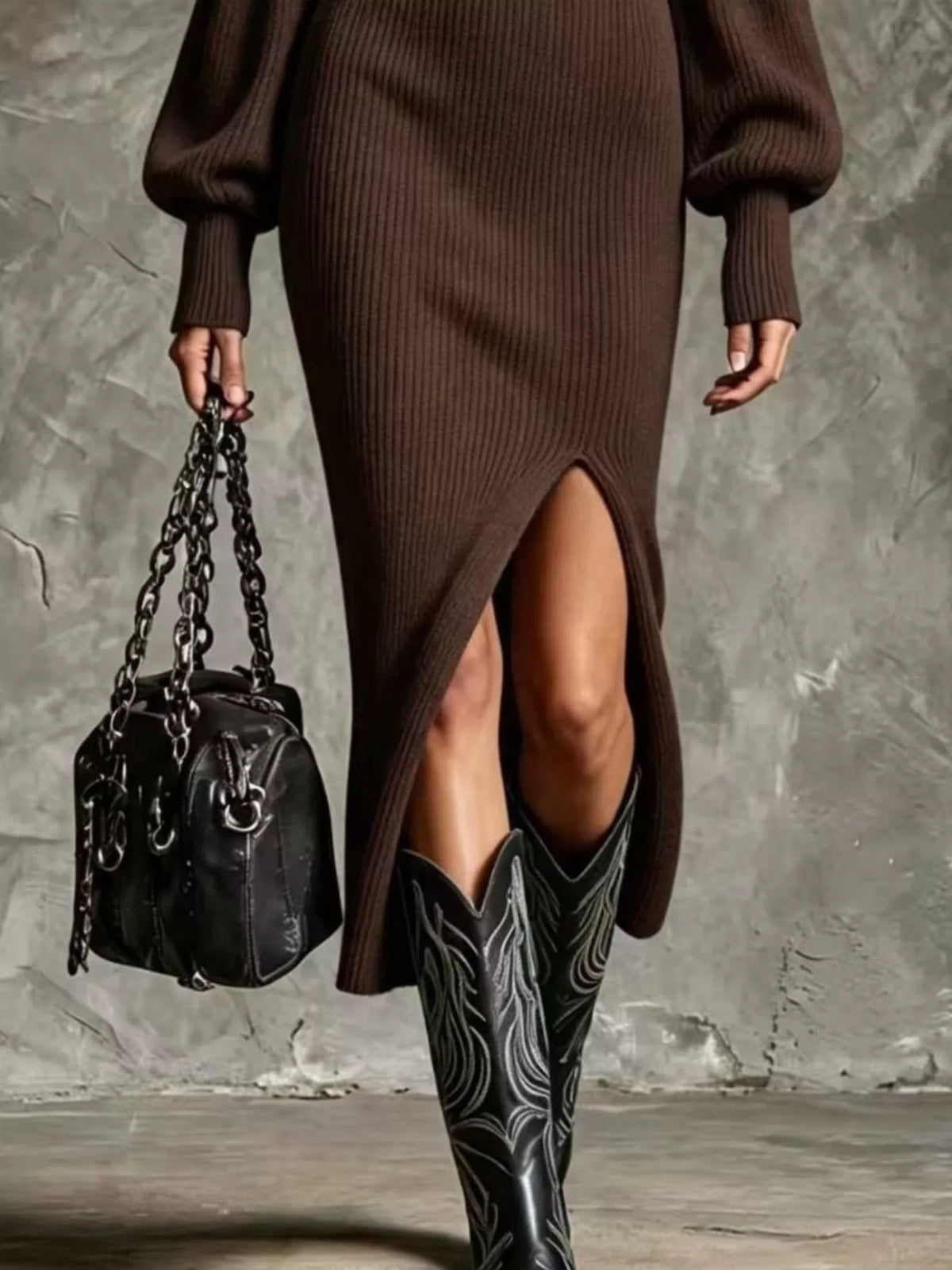 Ribbed Knit Quarter-Zip Lantern Sleeve Sweater Dress