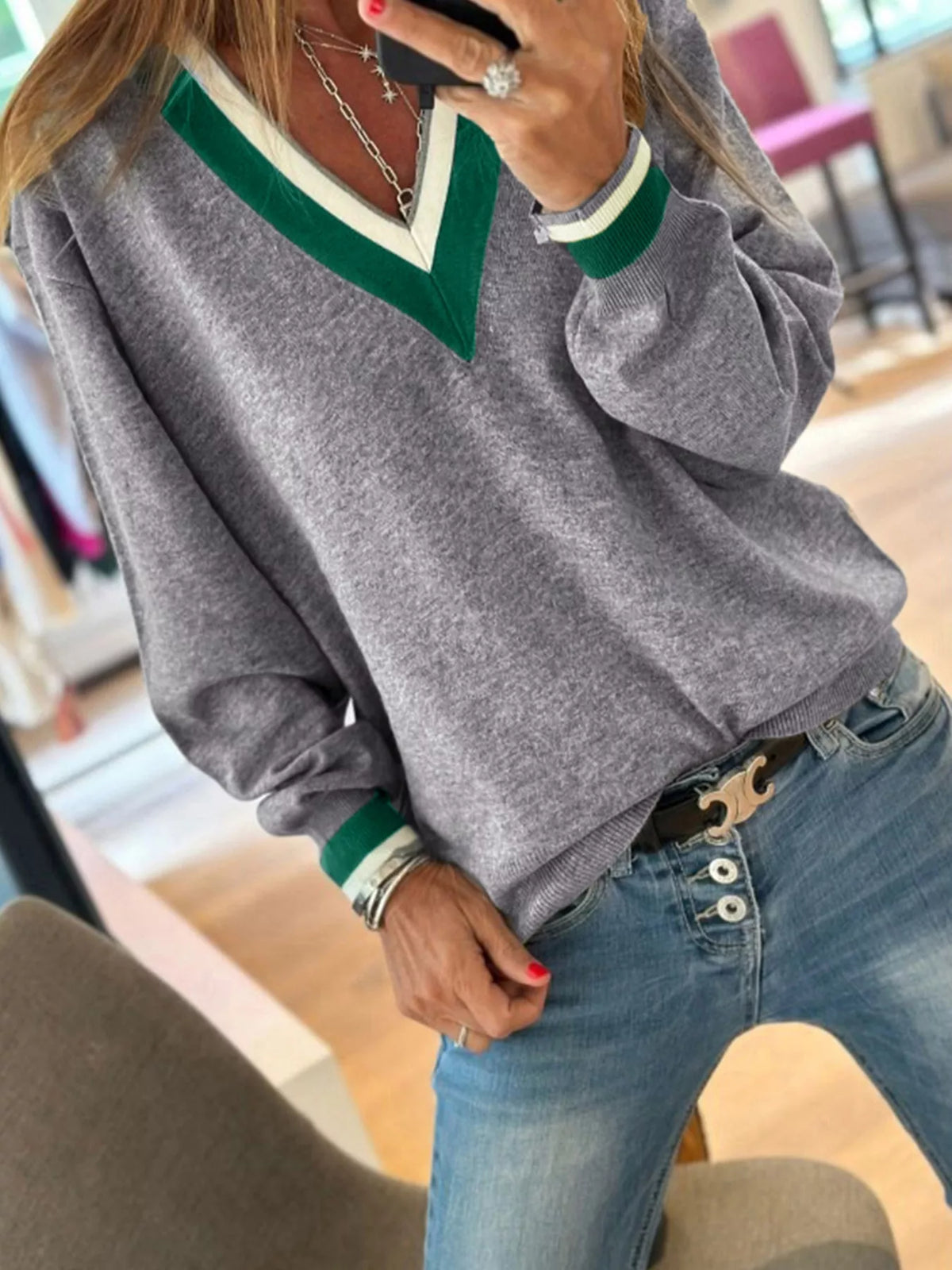 V-Neck Striped Trim Long Sleeve Sweater