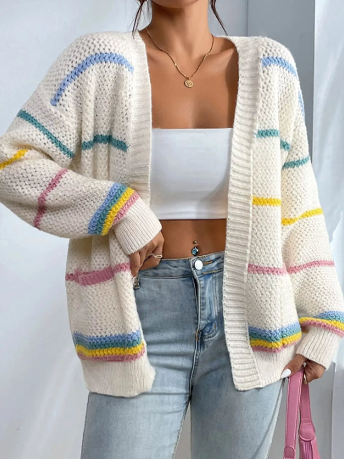 Striped Open Front Knit Cardigan