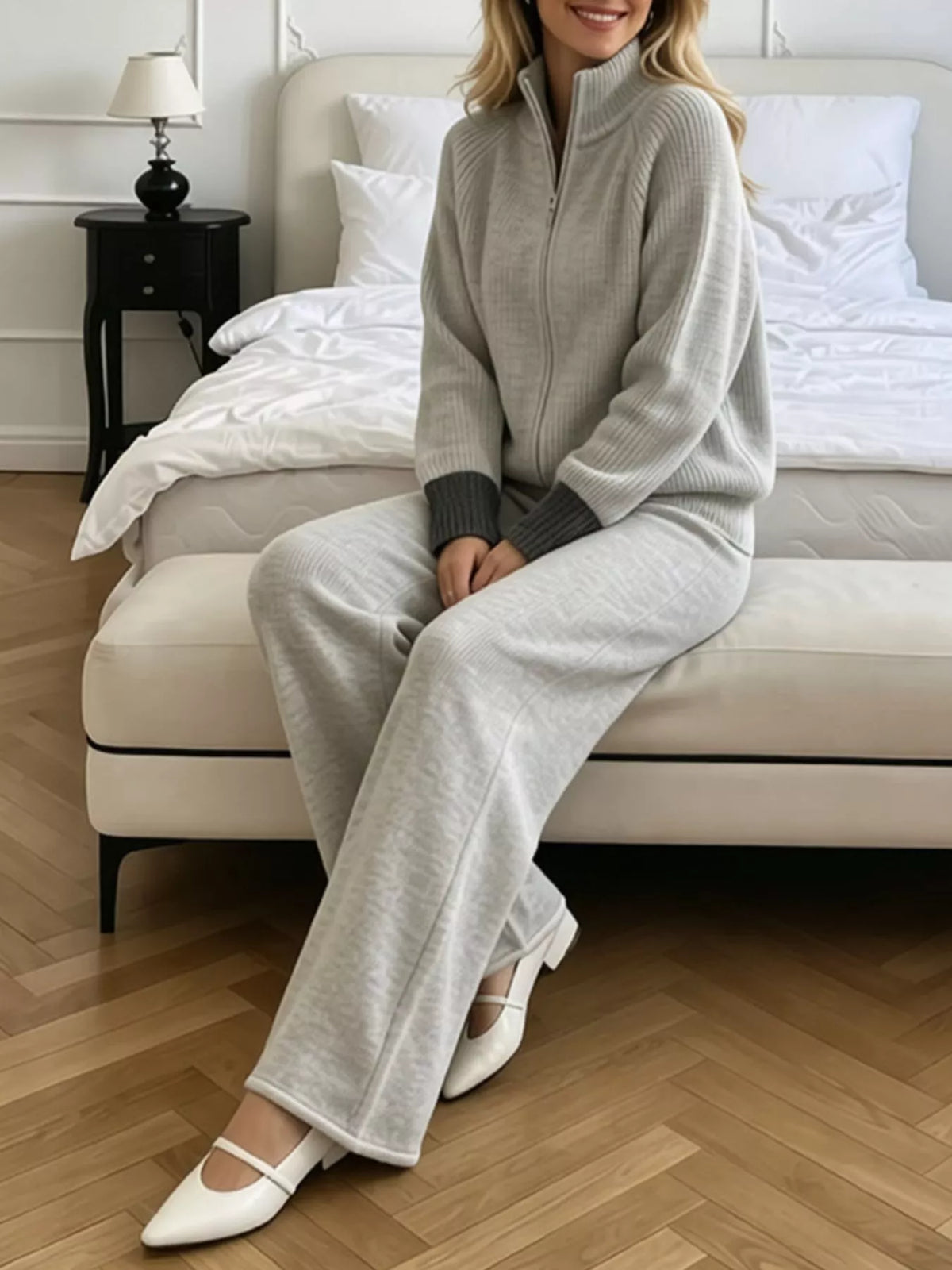Zip-Up Contrast Cuff Cardigan and Pants Sweater Set