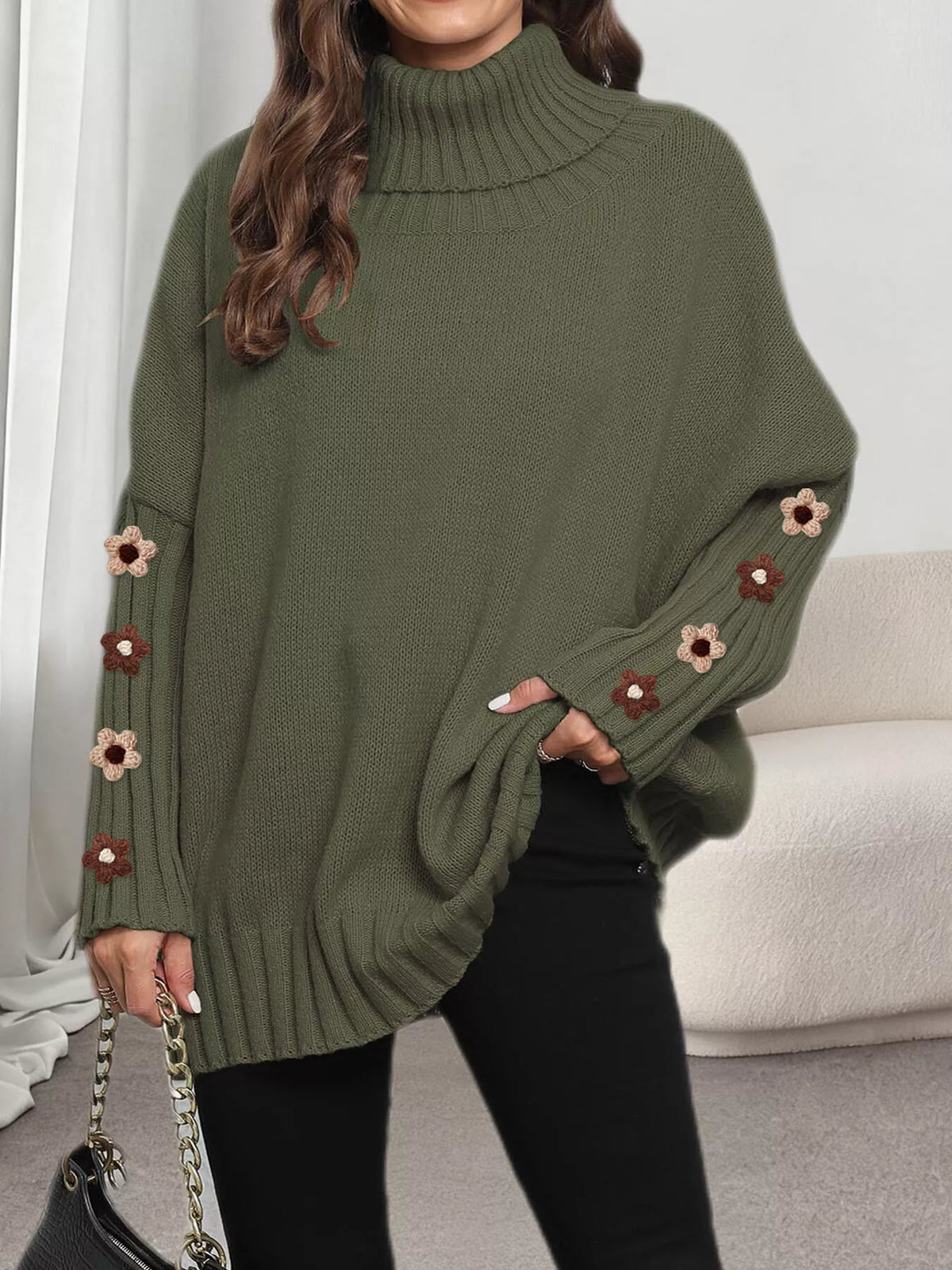 Oversized Turtleneck Sweater with Floral Applique Sleeves