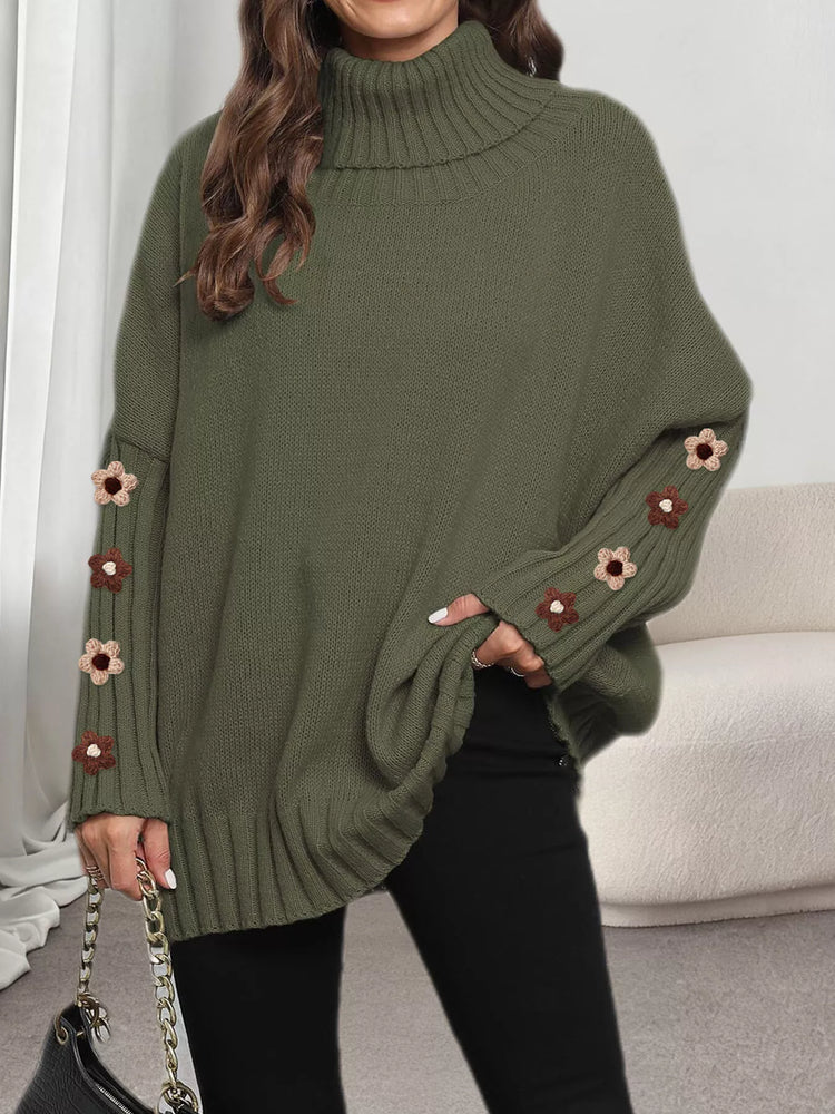 Oversized Turtleneck Sweater with Floral Applique Sleeves