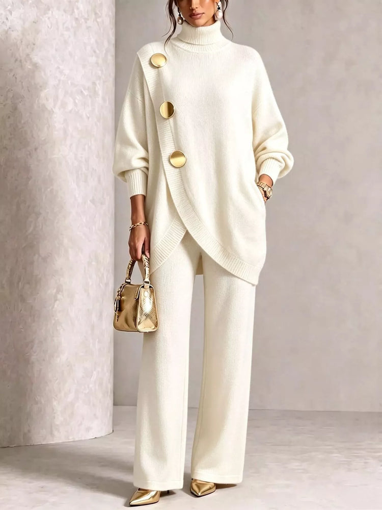Full Size Elegant Turtleneck Asymmetric Button-Decorated Sweater and Pants Set Plus Size