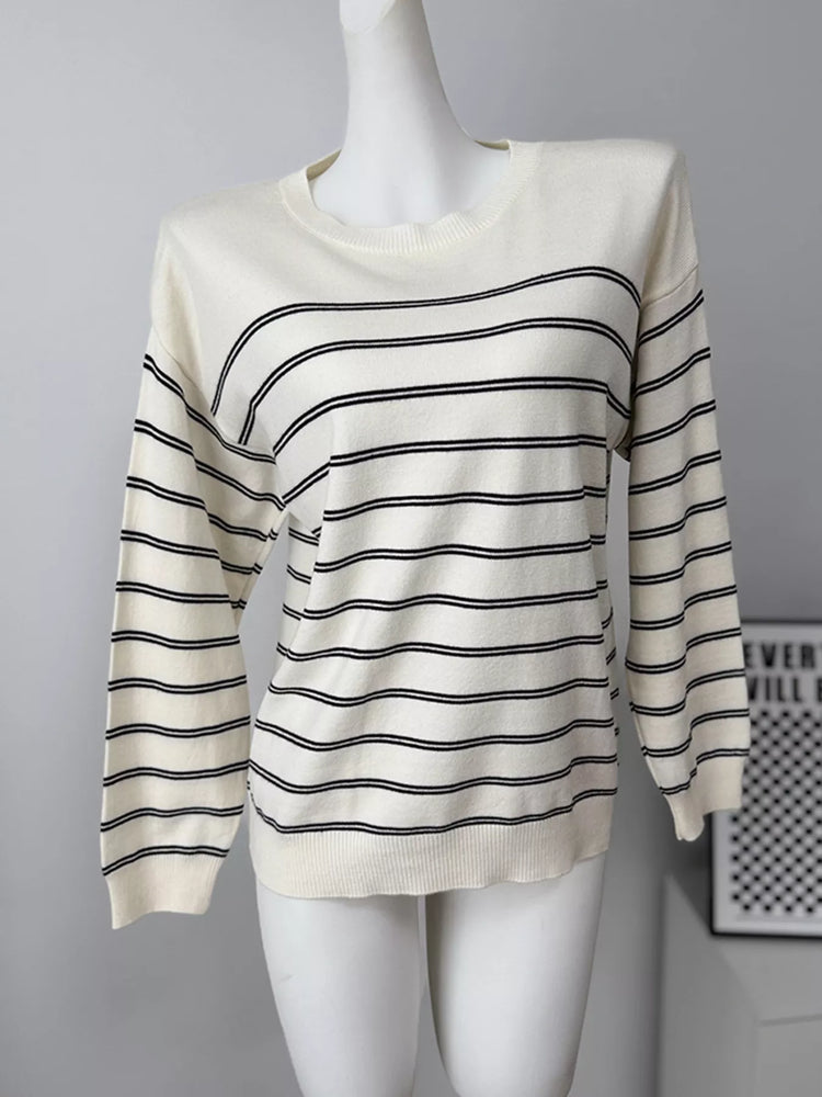 Classic Striped Crewneck Knit Top with Layered Sweater Detail