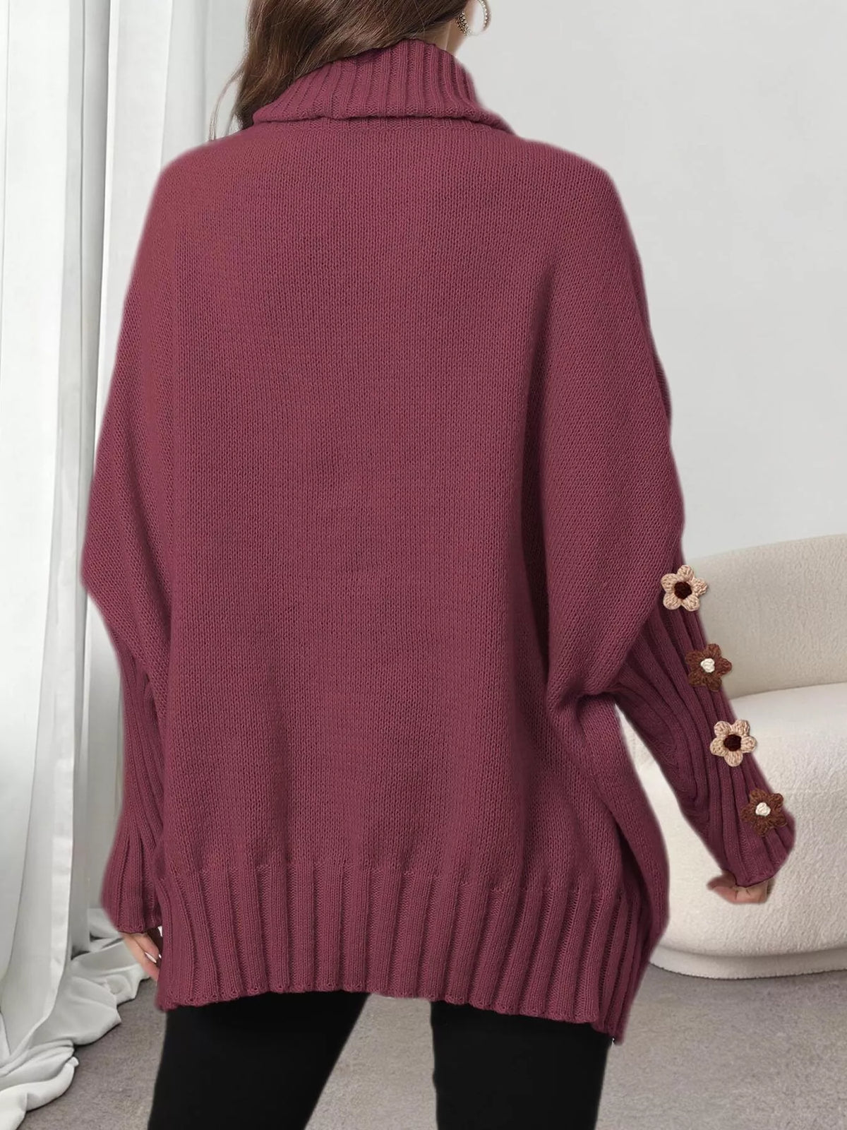 Oversized Turtleneck Sweater with Floral Applique Sleeves
