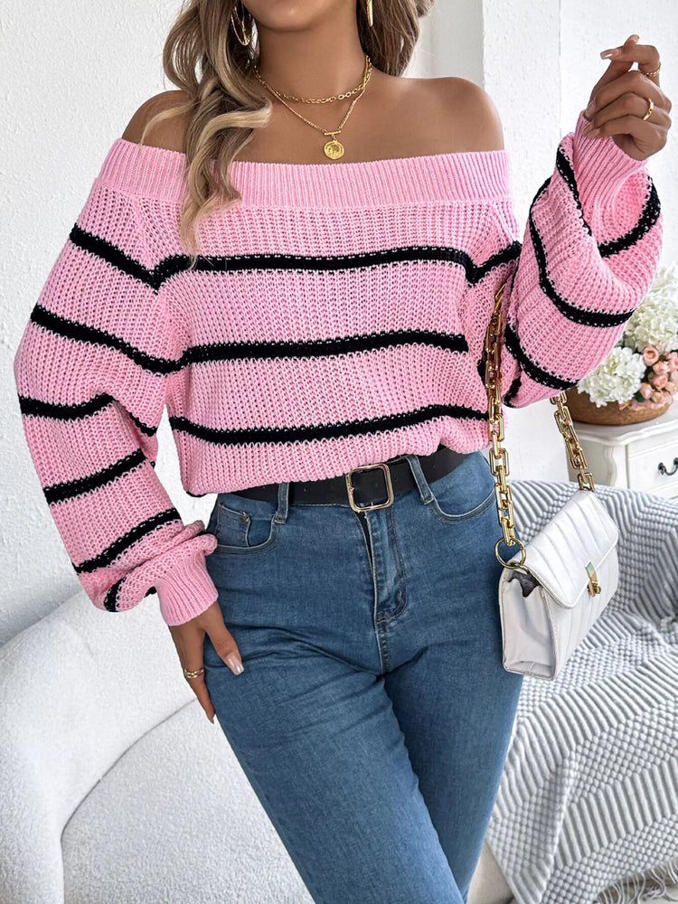 Off-Shoulder Striped Contrast Sweater