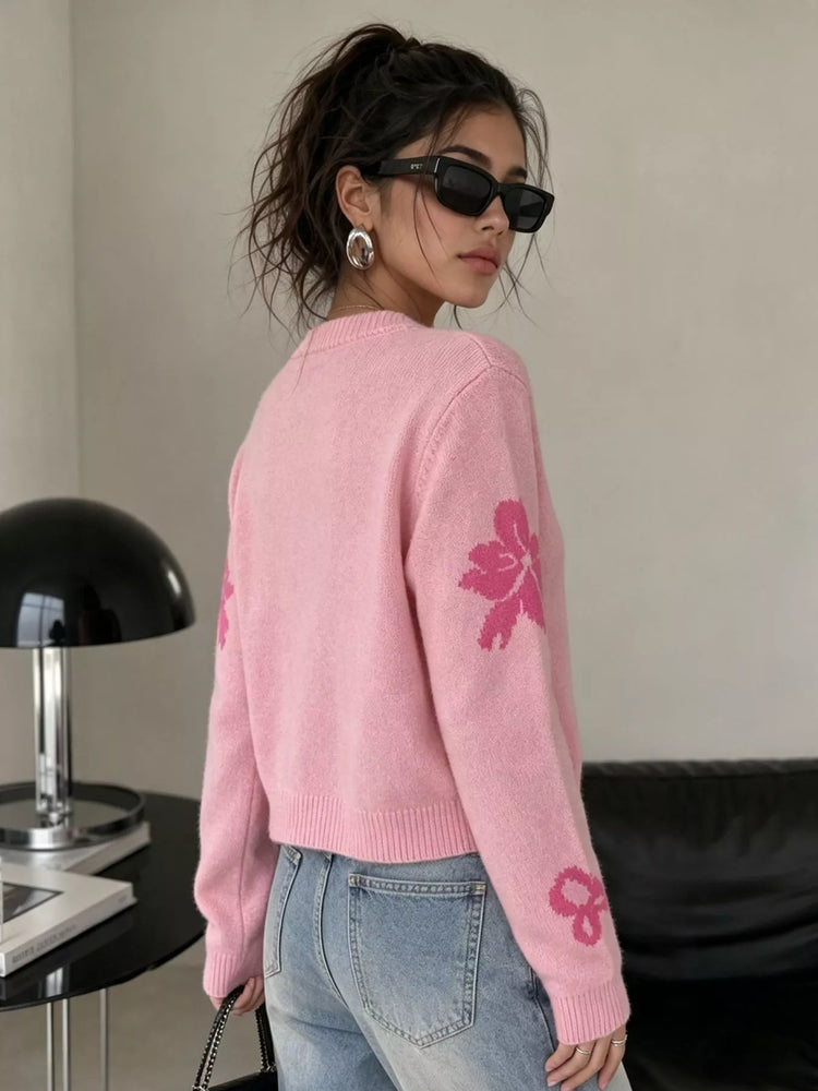 Floral Crew Neck Cropped Knit Cardigan
